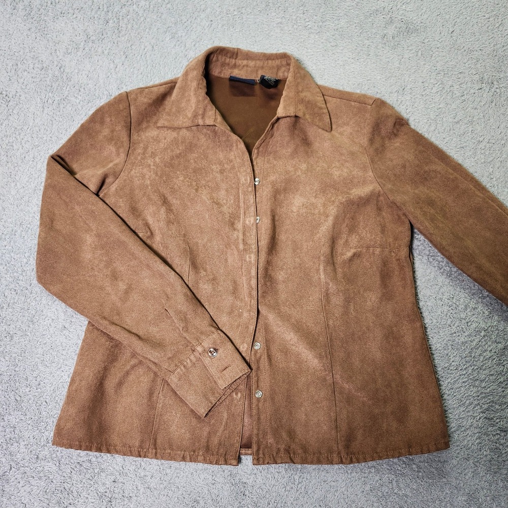 Sonoma Womens PS Petite Faux Suede Button Down Brown Snap Front Shirt Jacket